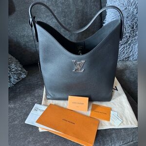 Louis Vuitton Noir Lockme Leather Shoulder Hobo with Silver LV Emblem